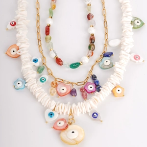 Bohemian multi-layer necklace set with natural stones, shells and evil eye charms
