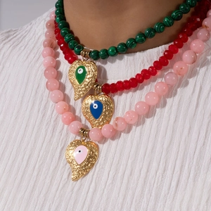Three-layer beaded necklace set with heart evil eye pendants in bohemian gold style