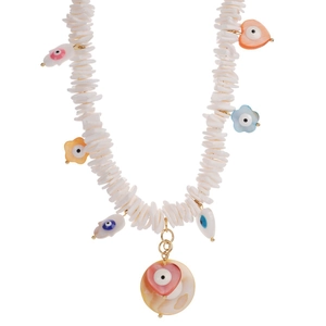 Bohemian beaded necklace with white shell fragments and colorful evil eye charms
