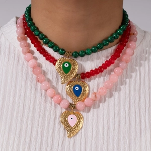 Bohemian Stainless Steel Heart Evil Eye Beaded Necklace Colorful Glass Beads Hammered Heart Pendant Necklace For Women Gift