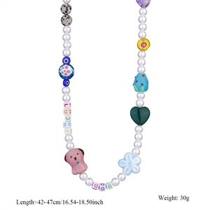 Kleurrijke keramische kralenketting met Lucky Dog bedeltje en bloemen, 42-47cm lengte