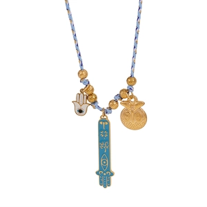 Handwoven Hand of Fatima and Evil Eye necklace with blue beads and owl charm