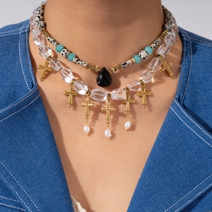 Collier Perlé en Acier Titane Vintage pour Femme Pierre Dalmate Pendentif Croix Religieuse Perle Artificielle Bijoux de Mode