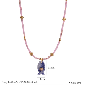 Detail showing natural stone fish pendant size measurements and pink marble beaded chain