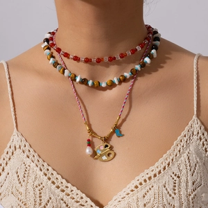 Bohemian Stainless Steel Beaded Necklace For Women With Tiger Eye Stone Agate Beads Braided Rope Art Palette Pendant Necklace Jewelry
