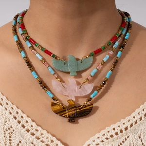 Three-layer bohemian eagle pendant necklace with tiger eye, rose quartz and aventurine