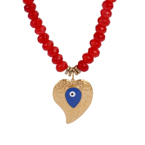 Colorful red beaded evil eye necklace with hammered golden heart pendant