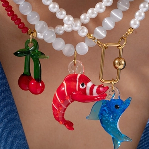 Beaded Pendant Necklace Glass Cat Eye Stone Imitation Artificial Pearl Dolphin Lobster Cherry Shapes Ocean Style For Women