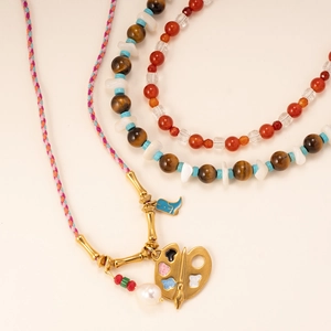 Artistic tiger eye and agate necklace set with gold bamboo pendant and braided ropes
