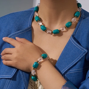 Bohemian Artificial Crystal Beaded Necklace Bracelet Set For Women Turquoise Stone Style Electroplated Fashion Jewelry Set