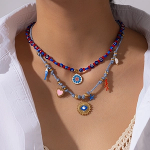Evil Eye Beaded Necklace Stainless Steel Alloy Enamel Ocean Fish Heart Artificial Pearl Woven Rope Bohemian Jewelry Women Gift