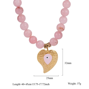 Detailed size specifications of pink beaded necklace with evil eye heart pendant