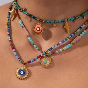 Bohemian Stainless Steel Evil Eye Beaded Necklace For Women Gold Plated Heart Star Pendant Turquoise Beaded Chain Jewelry