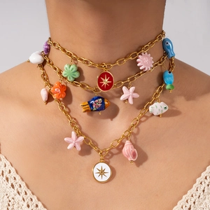 Bohemian Titanium Steel Ocean Style Multicolor Pendant Necklace For Women Starfish Fish Flower Charm Beaded Layered Jewelry