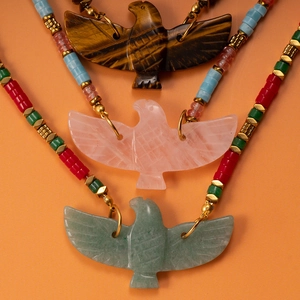Handmade eagle necklaces with natural tiger eye, rose quartz, and aventurine stones