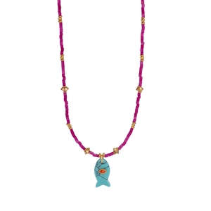 Bohemian fish necklace with magenta beads and turquoise-style stone fish pendant
