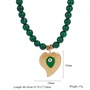 Detailed view of malachite beaded necklace with gold heart evil eye pendant and dimensions