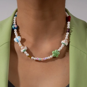 Handmade Multicolored Beaded Necklace With Faux Artificial Pearl Ceramic Angel Heart Flower Letter ANGEL Pendant Stainless Steel Necklace For Women Daily Jewelry