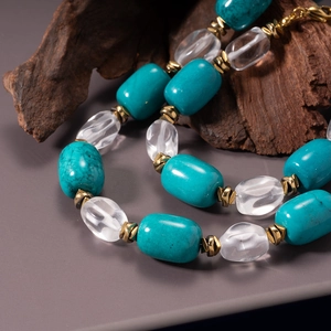 Handmade turquoise stone beaded necklace with transparent crystals and golden spacers