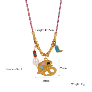 Detail showing stainless steel necklace with tiger eye stone and colorful woven rope