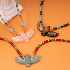 Handmade eagle pendant necklace with natural tiger eye, rose quartz and aventurine stones