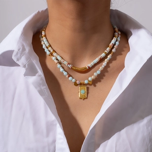 Collier en Perles d'Acier Inoxydable Bohémien pour Femmes Pendentif Rayon de Soleil en Pierre Naturelle Plaqué Or Bijoux Fantaisie