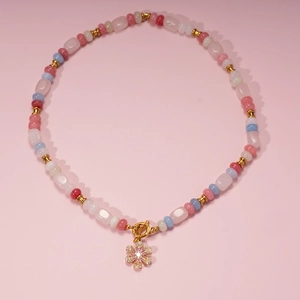 Colorful natural stone beaded necklace with gold flower pendant and T-bar clasp