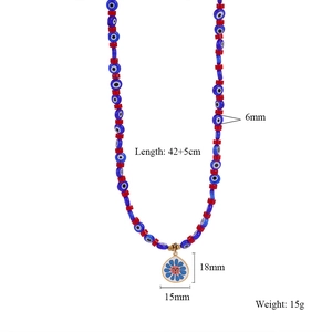 Ethnic beaded necklace with blue evil eye beads and flower teardrop pendant for women