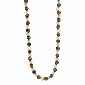 Bohemian tiger eye necklace with white crystal beads on a white background
