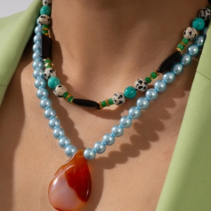 Collier Pendentif Künstliche Perles Mixtes Bohême Vintage Rétro Goutte d'Eau Agate Jaspe Dalmatien Collier de Künstliche Perles d'Imitation Bijoux Ethniques Femme