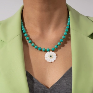Bohemian Stainless Steel Beaded Necklace For Women Shell Sun Flower Pendant With Evil Eye Artificial Pearl Beach Jewelry