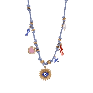 Bohemian beaded evil eye necklace with blue fish, pink heart and pearl charms