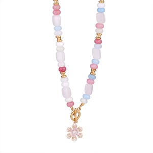 Colorful natural stone beaded necklace with a gold flower pendant and OT toggle clasp