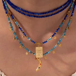 Bohemian Edelstahl Perlenkette Für Damen Goldener Böser Blick Mond Anhänger Naturstein Strass Ethno Schmuck