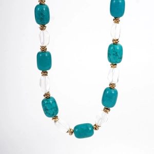 Bohemian turquoise stone and glass beaded necklace with vintage gold metal accents