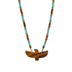 Handmade eagle pendant necklace with tiger eye stone and bohemian beaded stainless steel chain