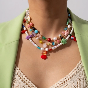 Collana di Perline Colorate Con Perla Artificial Sintetica Acciaio Inossidabile Ceramica Fiore Pesce Peperoncino Ciondolo Lucky Y2K