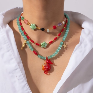 Bohemian Stainless Steel Beaded Necklace For Women Colorful Seahorse Starfish Flower Pendant Beach Vacation Jewelry Gift