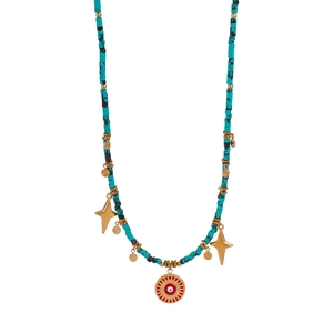 Bohemian evil eye turquoise beaded necklace with gold star charms and stainless steel accents