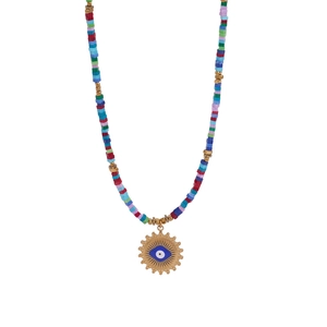Macro shot of colorful beaded chain and evil eye sun pendant on stainless steel necklace