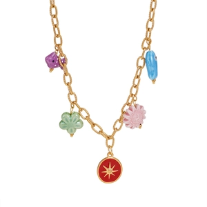 Gold stainless steel beaded chain necklace with colorful star and flower pendants