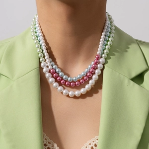 Dopamine Style Colorful Imitation Artificial Pearl Necklace Women Contrasting Color Stainless Steel Bead Chain Jewelry Fashion Elegant