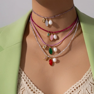 Bohemian Stainless Steel Freshwater Pearl Bead Necklace For Women Vintage Geometric Rhinestone Pendant Necklace Jewelry Gift