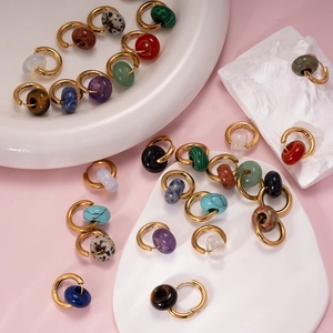 Vintage Stainless Steel Hoop Earrings 18K Gold Plated Natural Stone Textured Beads Earrings For Women Fashion Jewelry