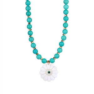 Vintage beaded necklace with turquoise beads, shell flower pendant and evil eye charm