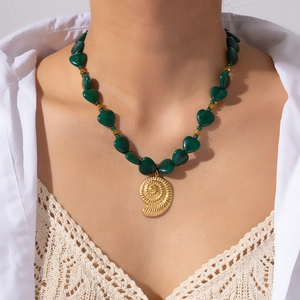 Vintage Edelstahl Muschel Anhänger Halskette Naturstein Grüne Herz Perlenkette Ozean Stil Mode Schmuck Für Damen