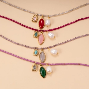Bohemian stainless steel beaded necklace with freshwater pearls and natural stones in four colors