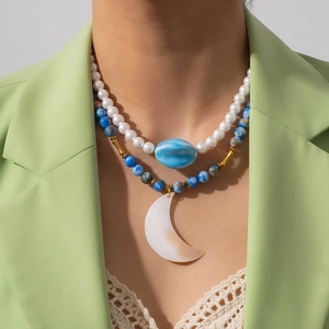 Bohemian Beaded Necklace With Titanium Steel Shell Moon Crescent Pendant Natural Stone Faux Artificial Pearl Vintage Statement For Women