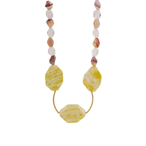 Bohemian beaded necklace with brown gemstones and green geometric stone pendants