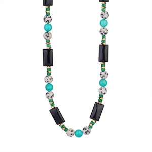 Collier artisanal perlé en jaspe dalmatien onyx noir et perles vertes pour femme